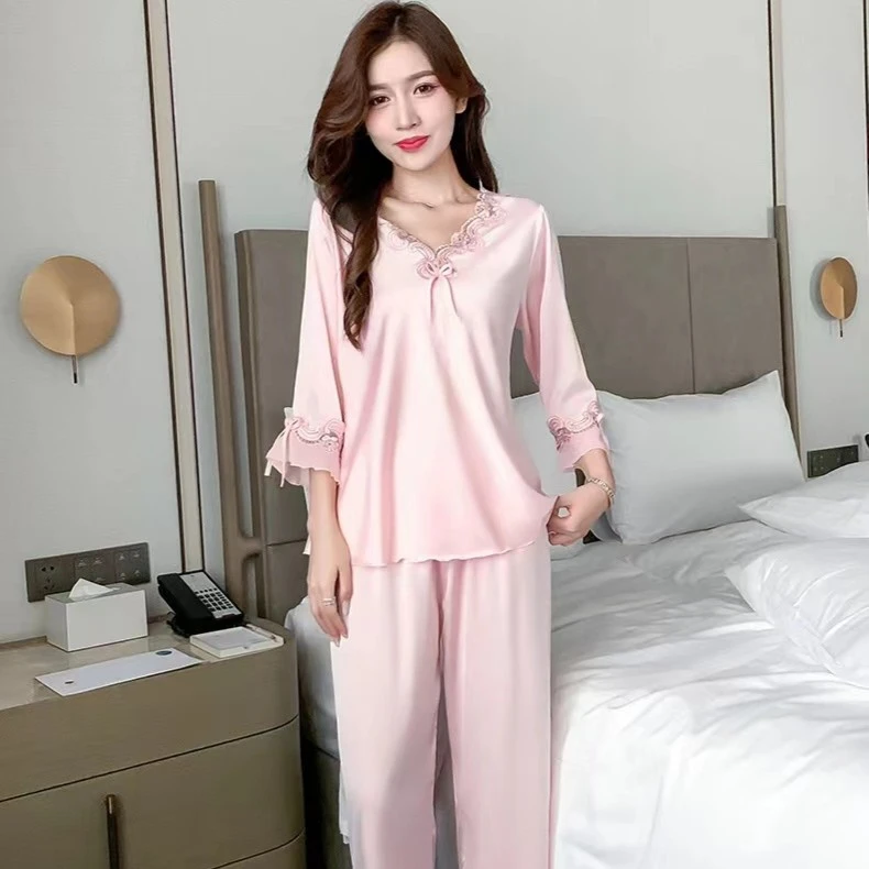 春夏套装两件套蕾丝宽松家居服睡衣睡裙简约时尚舒适薄款韩版纯色