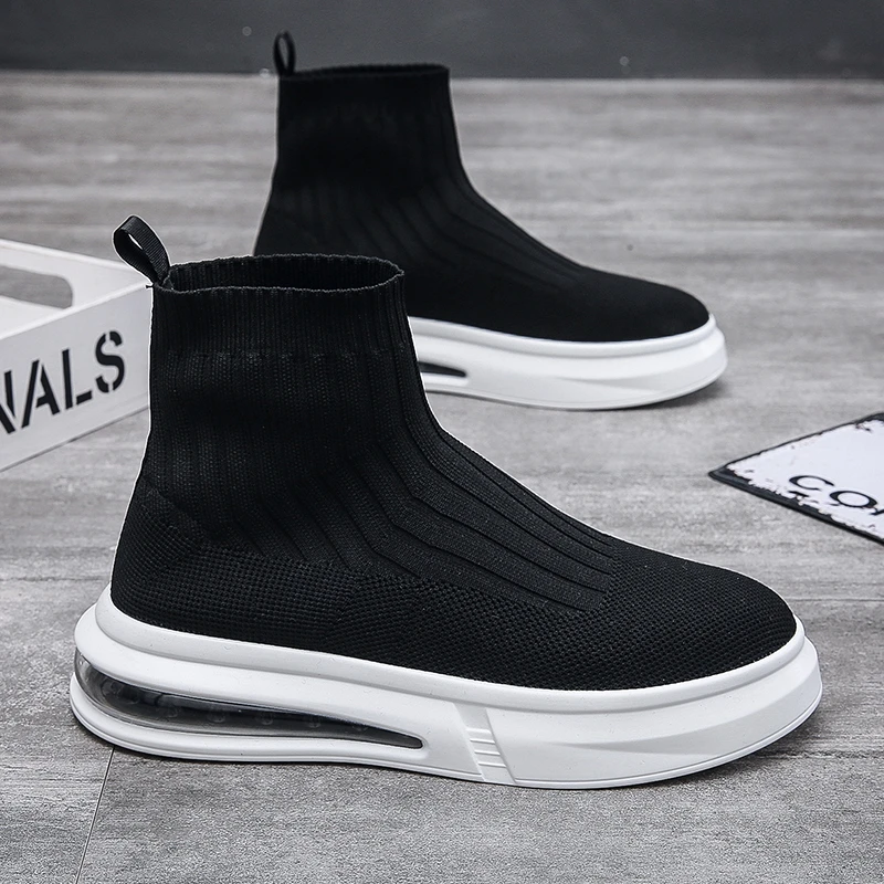 飞织鞋男弹力袜子鞋透气一脚蹬懒人气垫男鞋高帮休闲增高潮鞋夏季