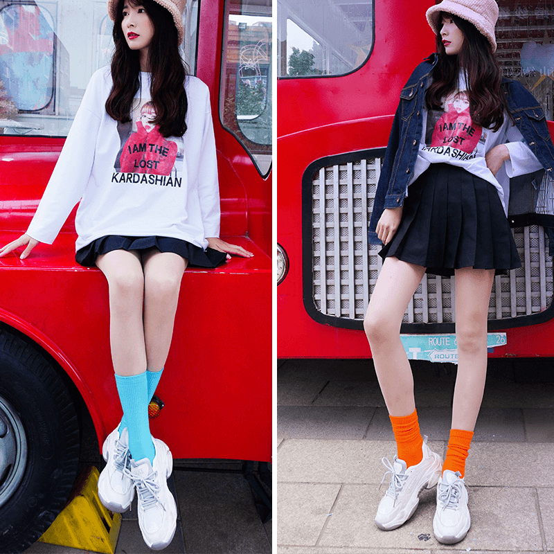 JK堆堆袜女湖蓝中筒可爱潮袜红黑运动天蓝袜子糖果袜子彩虹色Z120