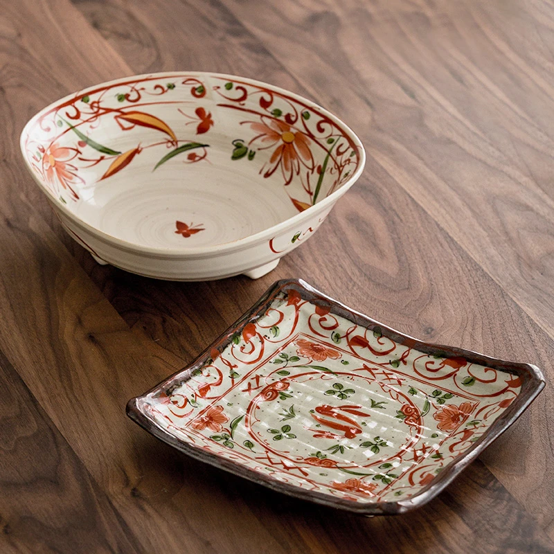 同合日本美浓烧手绘日式陶瓷和风赤绘花角餐盘菜盘家用炒菜饺子盘