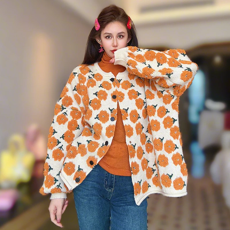 秋冬新款森系长袖圆领花朵毛衣外套女士百搭中长款宽松针织衫开衫