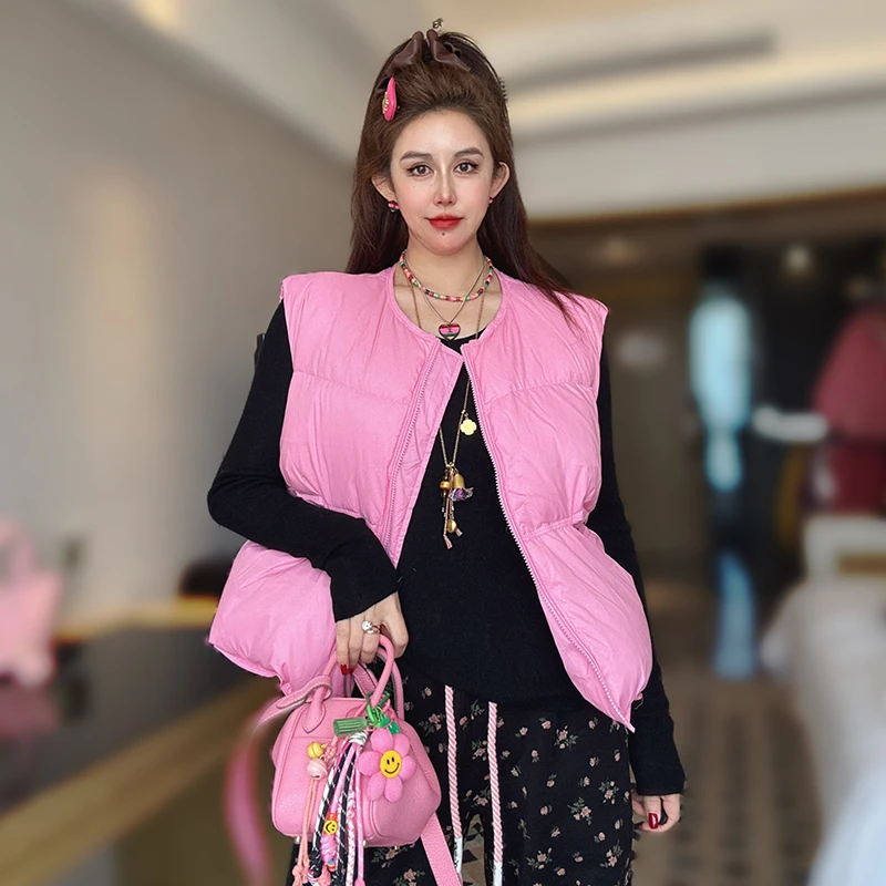 冬季韩版圆领羽绒马夹女士轻薄百搭时尚纯色保暖马甲宽松休闲外套