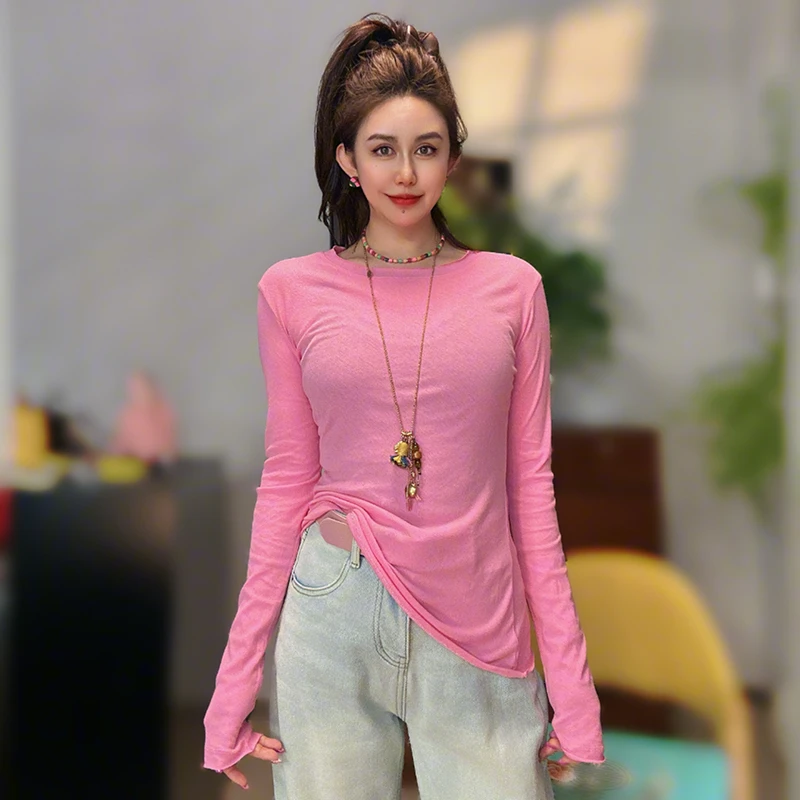 秋冬INS纯色圆领长袖T恤女士时尚修身显瘦百搭打底衫内搭休闲上衣