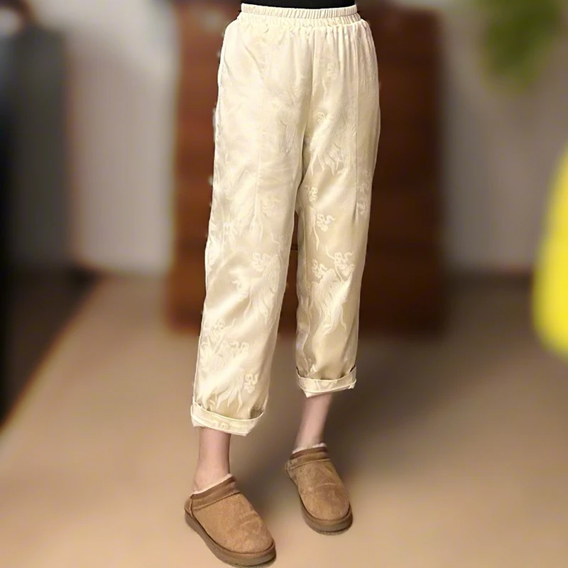 冬季新款复古中式提花棉裤女士宽松显瘦百搭休闲中国风九分奶奶裤