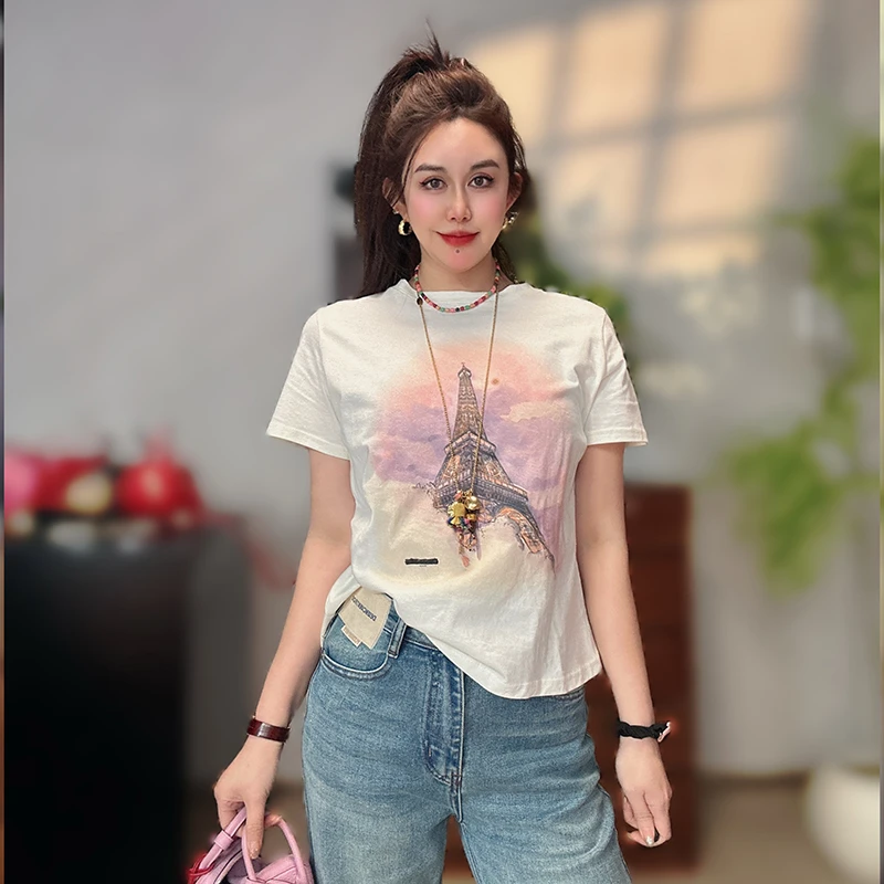 早春新款时尚圆领短袖T恤女洋气显瘦休闲百搭印花上衣半袖打底衫1