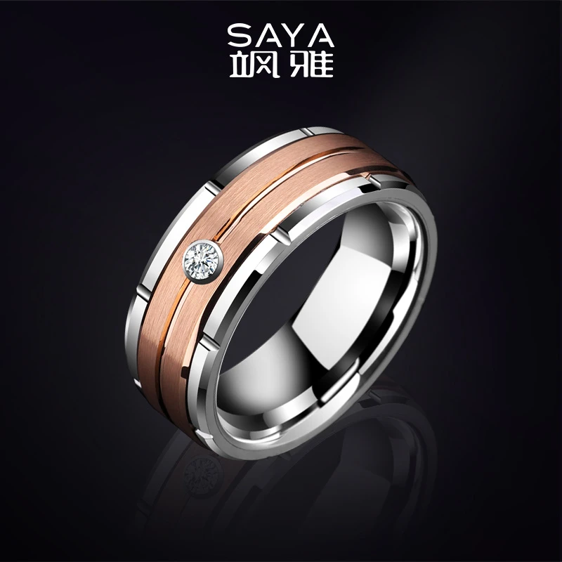 飒雅 钨金莫桑石戒指 商务时尚男士指环百搭潮酷撞色男戒j120