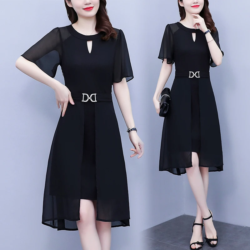 大码女装胖mm修身显瘦收腰中长款镂空雪纺短袖遮肉时尚连衣裙夏