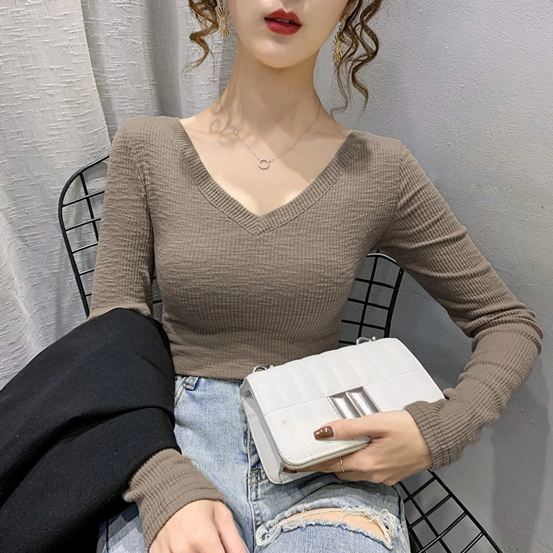 20QD0855打底衫女前后两穿锁骨v领设计感小众上衣螺纹长袖t恤女潮