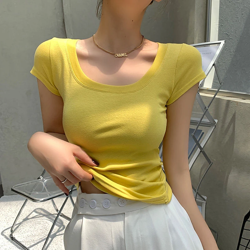 21C0938大领口短袖显瘦正肩t恤女短款夏季2025紧身高腰露锁骨上衣