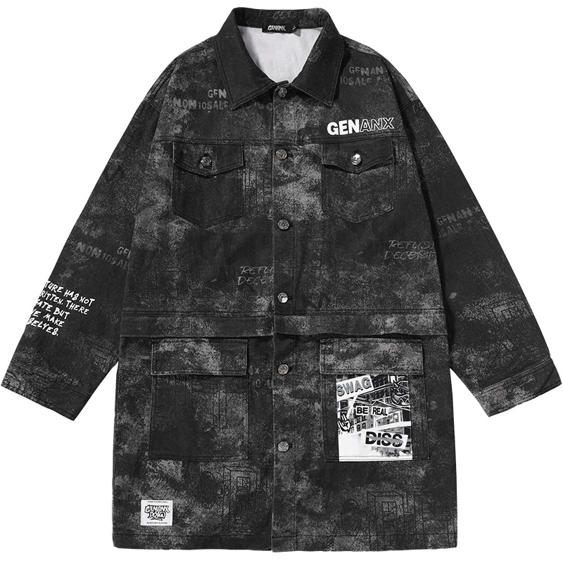 GENANX闪电潮牌牛仔风衣一衣多穿可拆卸设计个性宽松牛仔外套F336