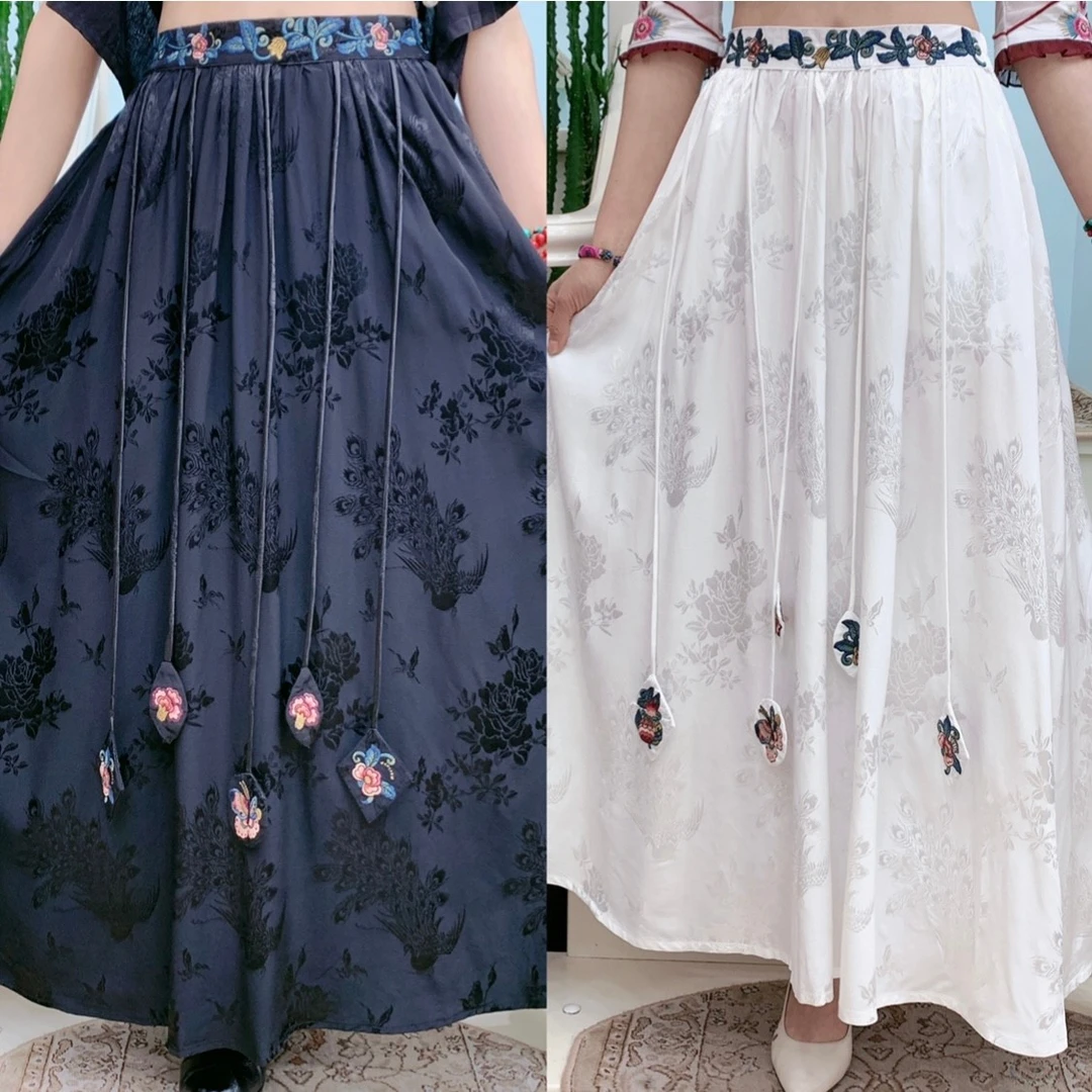 （裙长93）百褶A字刺绣半身裙6008