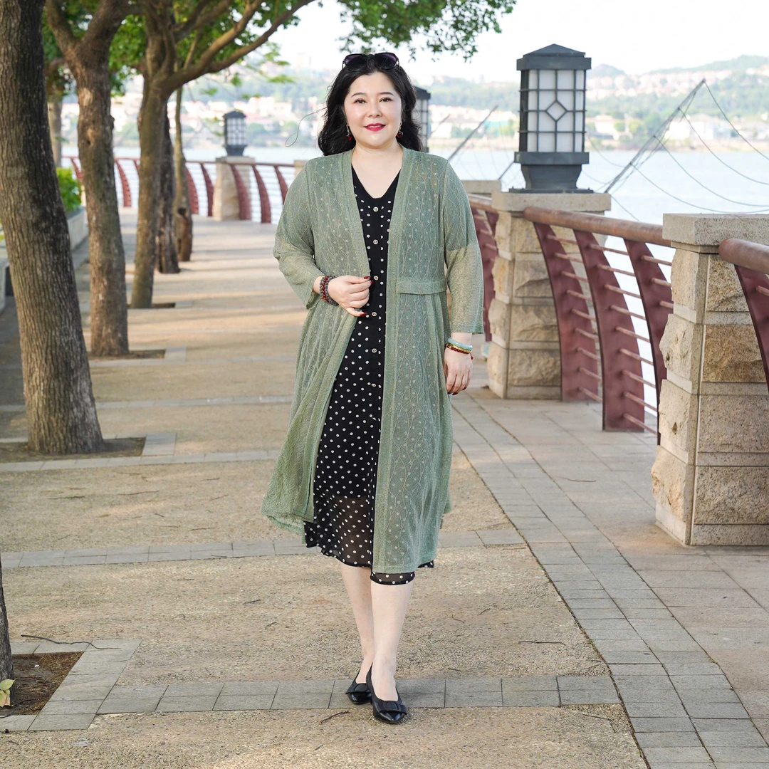 娜丹静原创大码花点纱针织长款防晒衣外搭ZT22110开衫