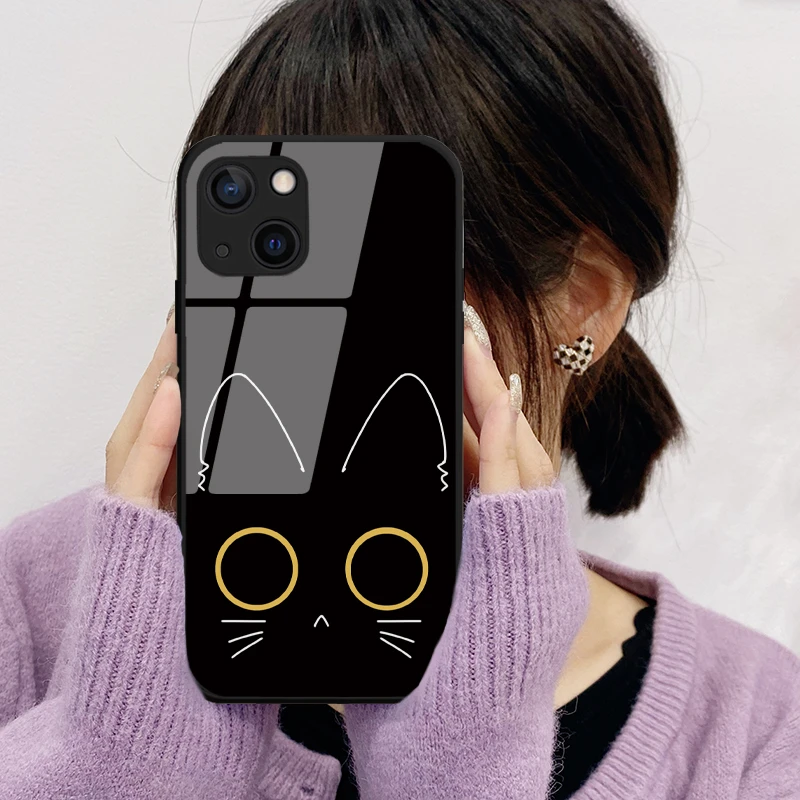 适用于苹果/华为/小米/oppo/vivo简约可爱线条猫脸喵喵玻璃手机壳