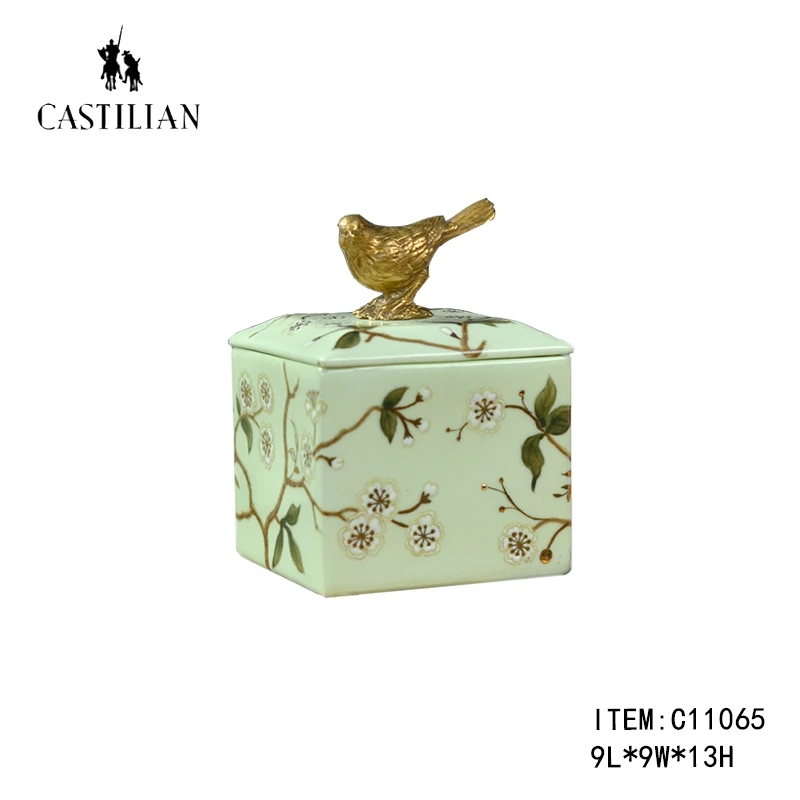 派力斯/ 鸟语花香铜配瓷绿色手绘描金欧美中式方形首饰干果收纳罐