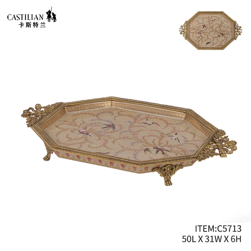 派力斯喜燕衔春系铜配瓷手绘描金复古姜黄色欧美高端家用托盘摆件
