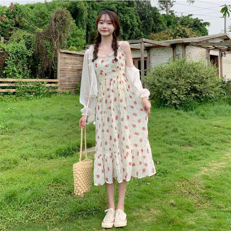 胖MM2022夏收腰显瘦吊带碎花连衣裙+雪纺防晒衫遮肉两件套