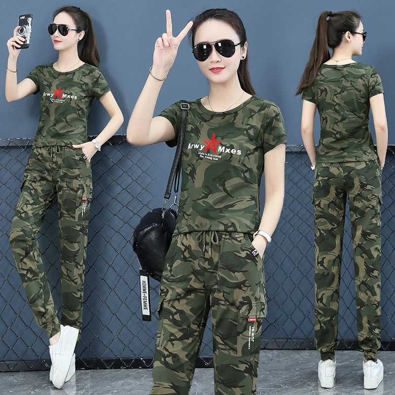 2024新款春夏季迷彩服休闲套装女短袖弹力束脚裤运动大码广场舞服