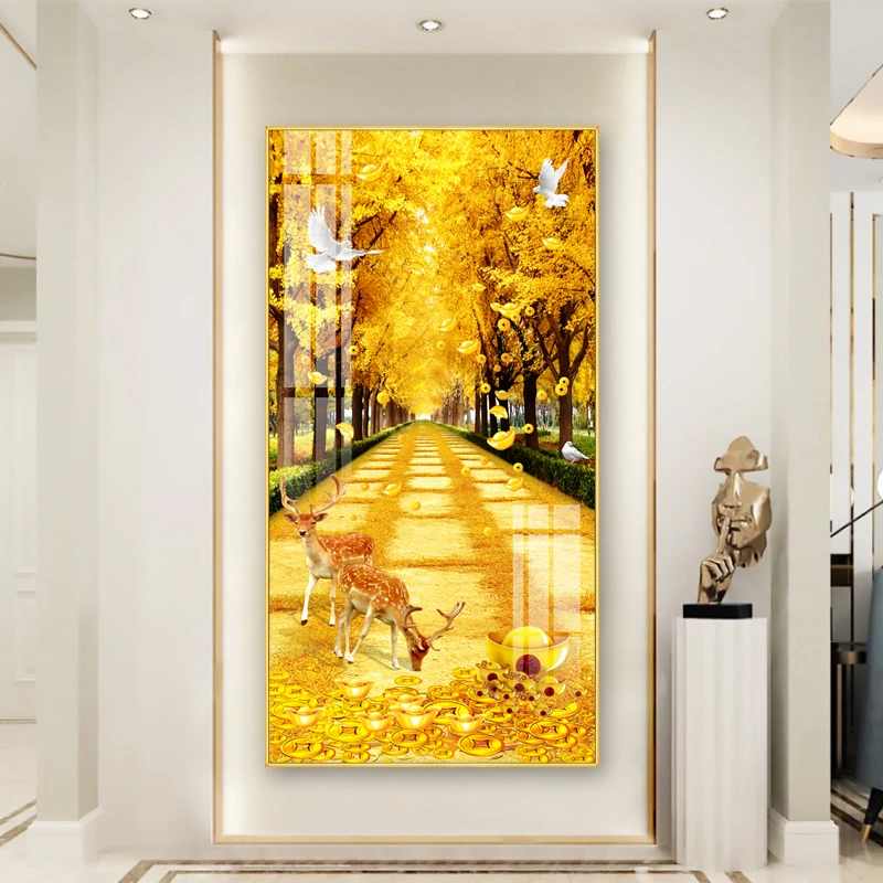 黄金大道入门玄关装饰画黄金满地树竖版走廊过道客厅新中式挂画