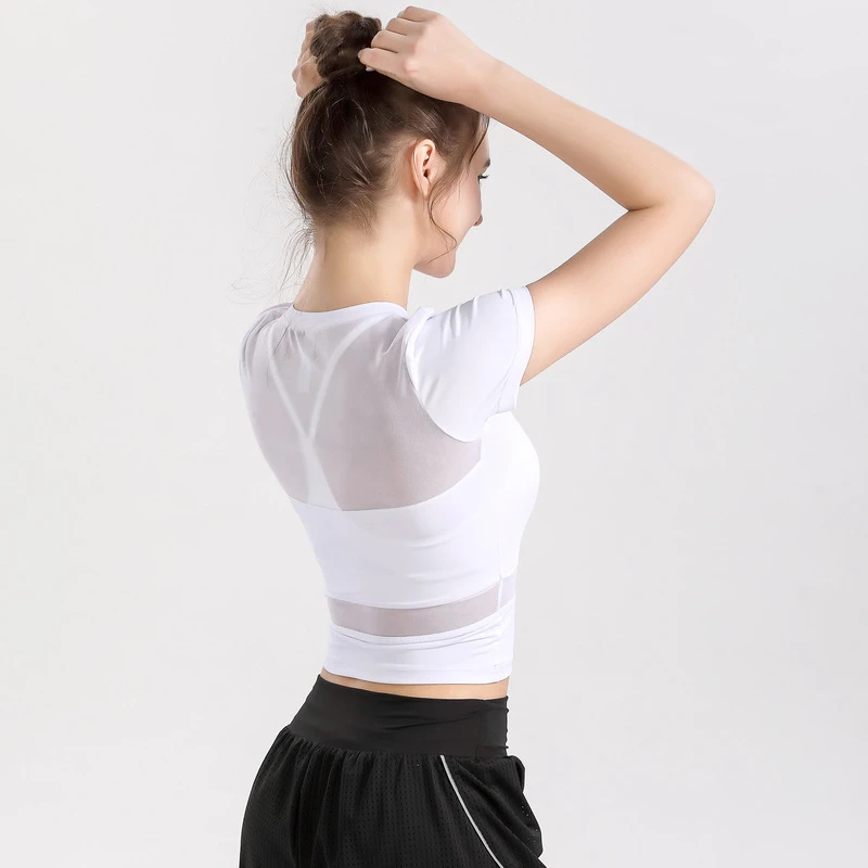 无胸垫运动T恤露肚牛奶丝训练跑步速干T恤紧身上衣网纱短袖瑜伽服