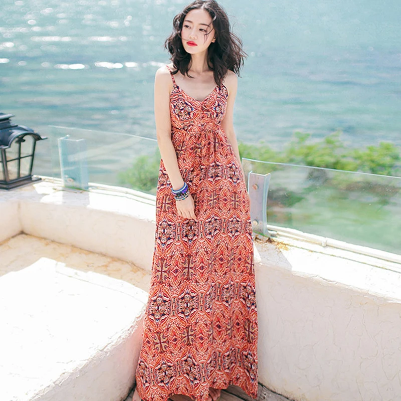 碎花吊带修身无袖棉绸雪纺连衣裙显瘦长裙泰国普吉岛沙滩裙女夏季