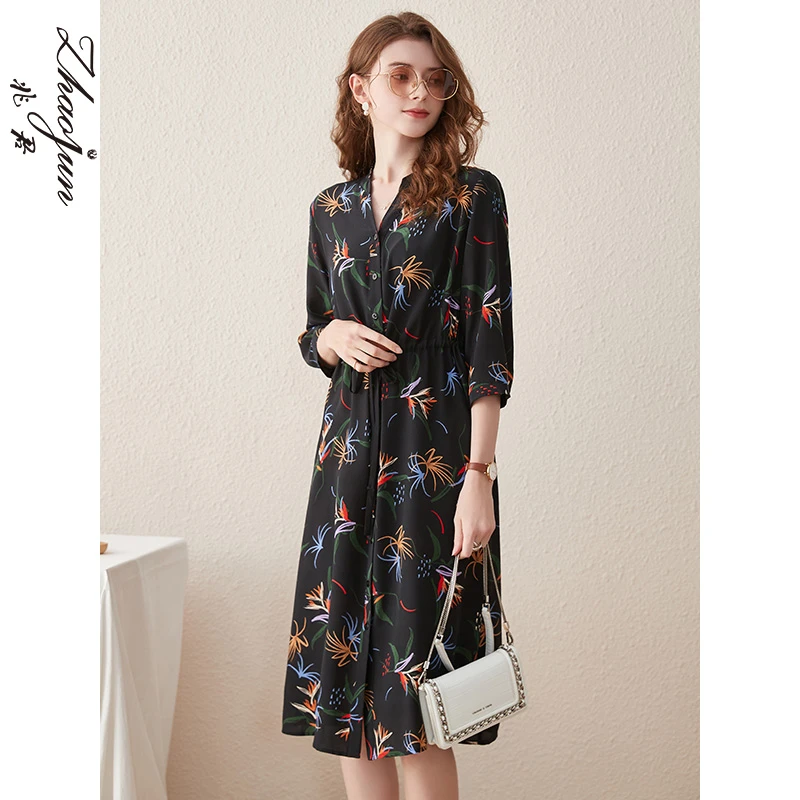 zhaojun/兆君【鸢尾花开】春夏凤凰鸢尾花印花真丝连衣裙ZXQRL32508