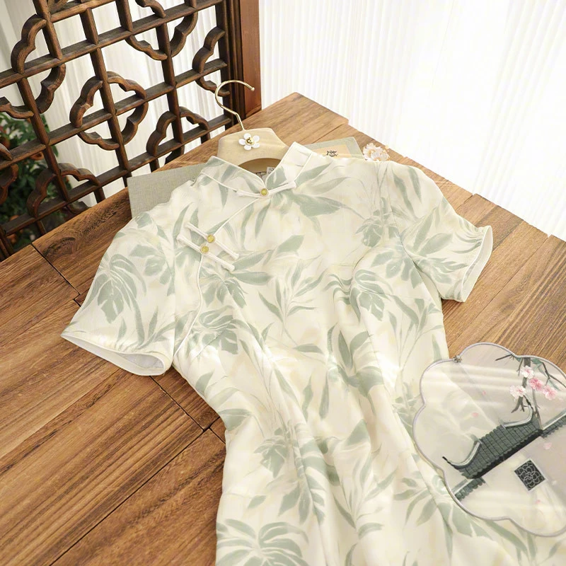 俏娘鱼新中式旗袍中国风女装新款气质淑女范绿色提花短袖日常改良