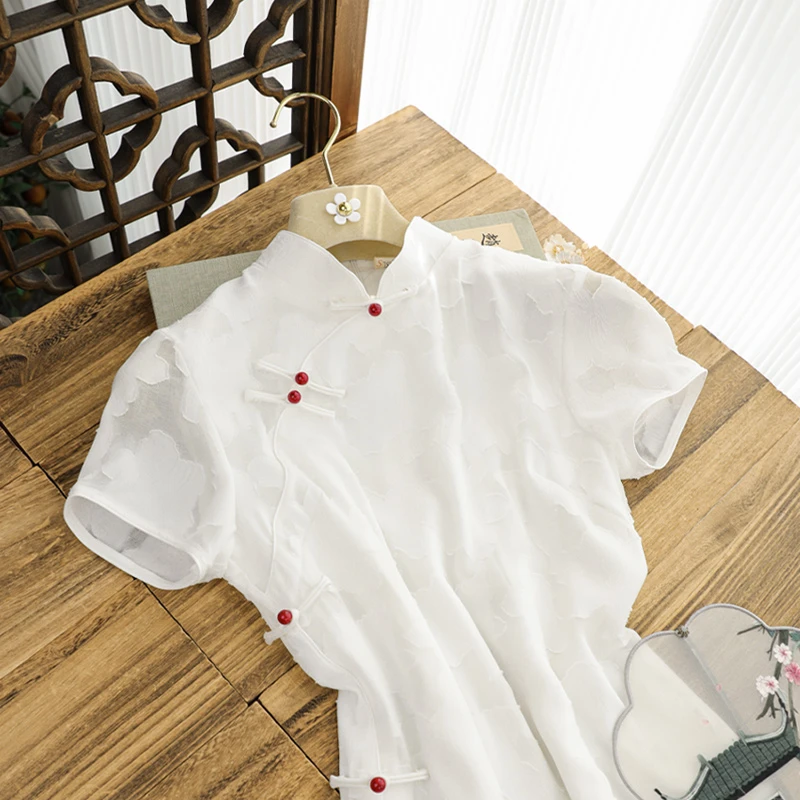 俏娘鱼新中式国风旗袍新款白色雪纺年轻款复古短袖女日常可穿改良