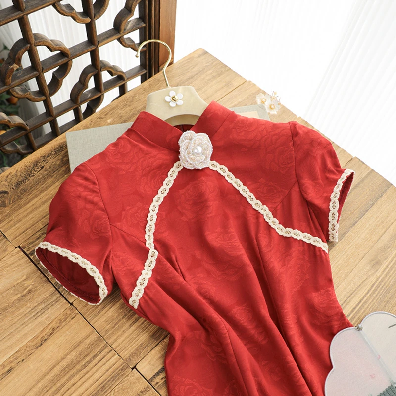 俏娘鱼2025年春季新款改良新中式气质优雅红色提花送考旗袍淑女范