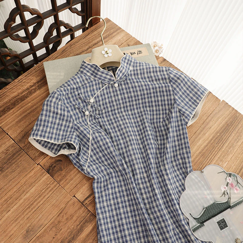 俏娘鱼2025年春季新款古法改良新中式复古蓝色格子旗袍女日常可穿