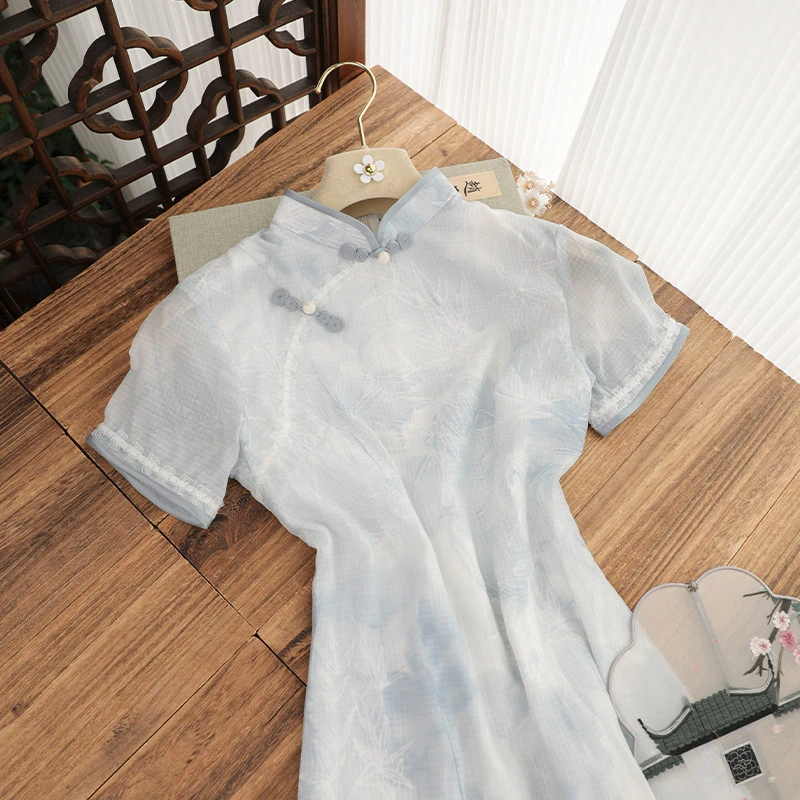 俏娘鱼新中式国风旗袍连衣裙新款年轻素雅文艺淑女短袖改良女日常