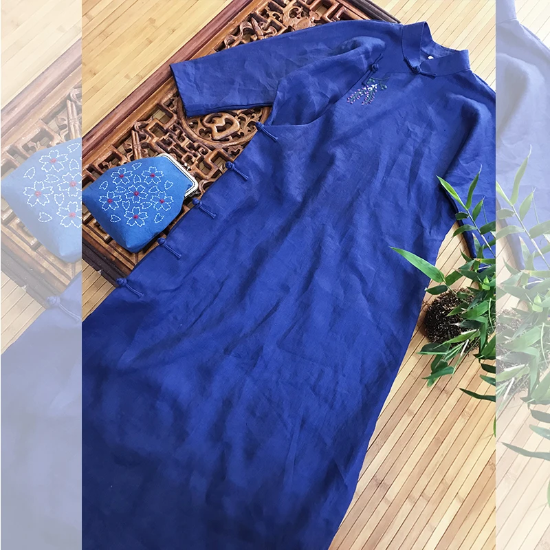 【仙草】素荷原创 手工绣花 连肩袖旗袍宽松斜襟立领长裙夏