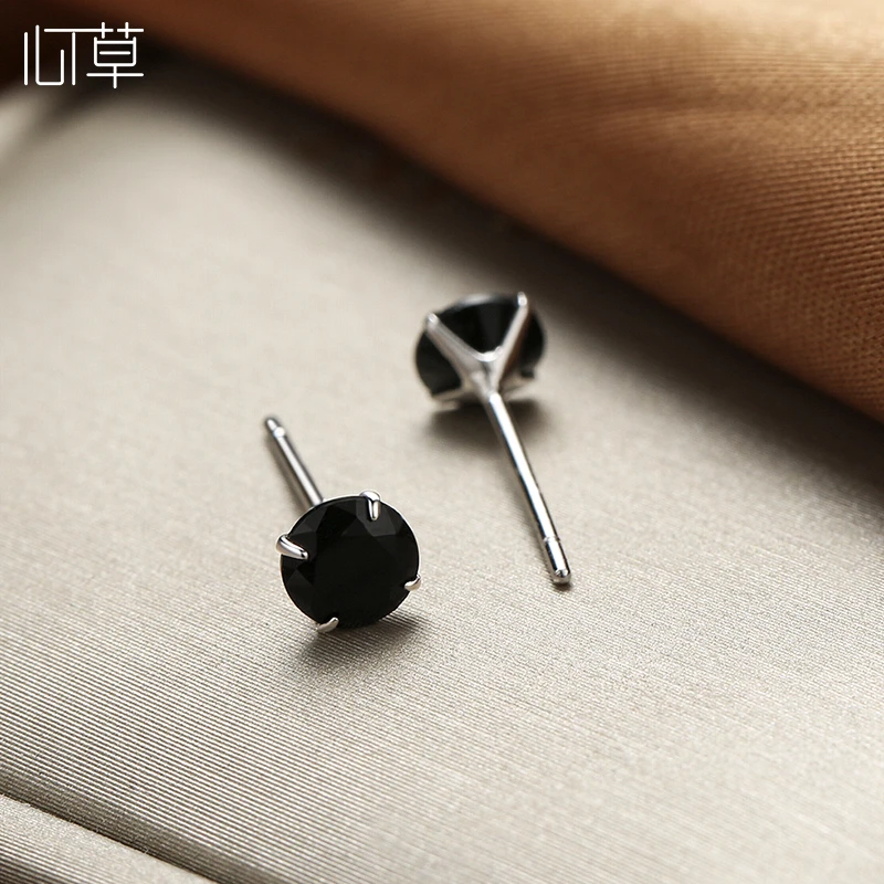 心草 925银合成锆石耳饰 女黑色耳钉简约个性潮流男嘻哈高级感