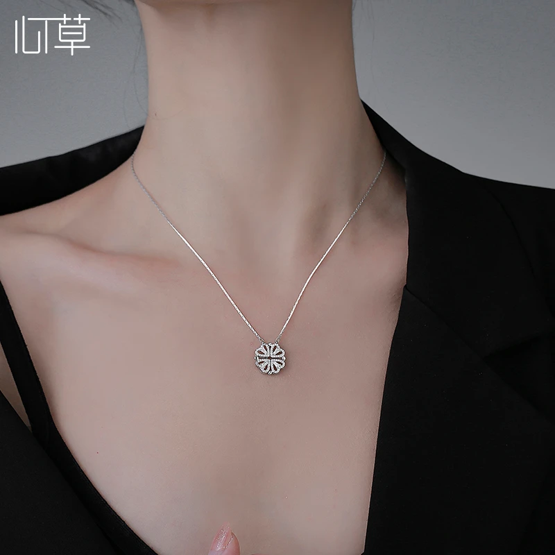 心草 坠链均足银合成锆石 幸运四叶草项链女轻奢高级感爱心吊坠