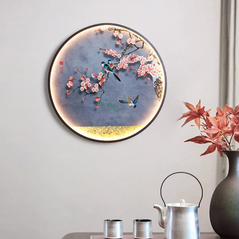 客厅玄关茶室书房走廊餐厅圆形装饰画带灯高级感晶瓷镶钻壁画灯