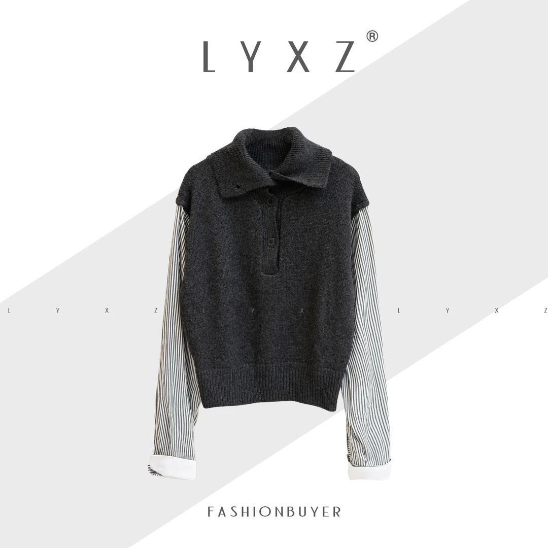 LYXZ【香草奶盖】秋季慵懒高领拼竖条衬衫袖针织衫73600