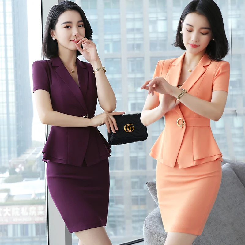 职业工装女夏季时尚韩版女神范西装套裙工作服气质美容师短袖正装