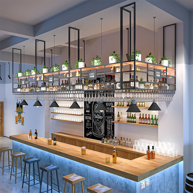 吧台吊柜工业风酒架酒吧悬挂架红酒杯架倒挂架清吧水吧创意置物架