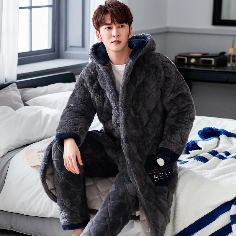 冬季珊瑚绒男士睡衣三层加绒加厚夹棉保暖宽松加长款家居睡袍套装