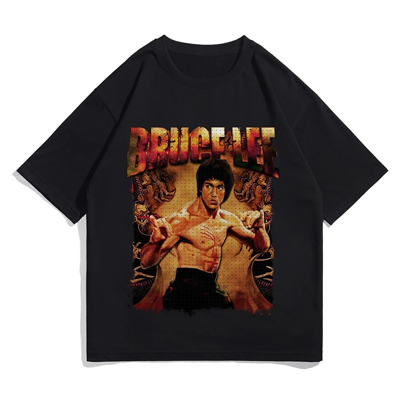 美式街头复古水洗做旧潮牌致敬李小龙印花重磅纯棉纯棉宽松T恤男