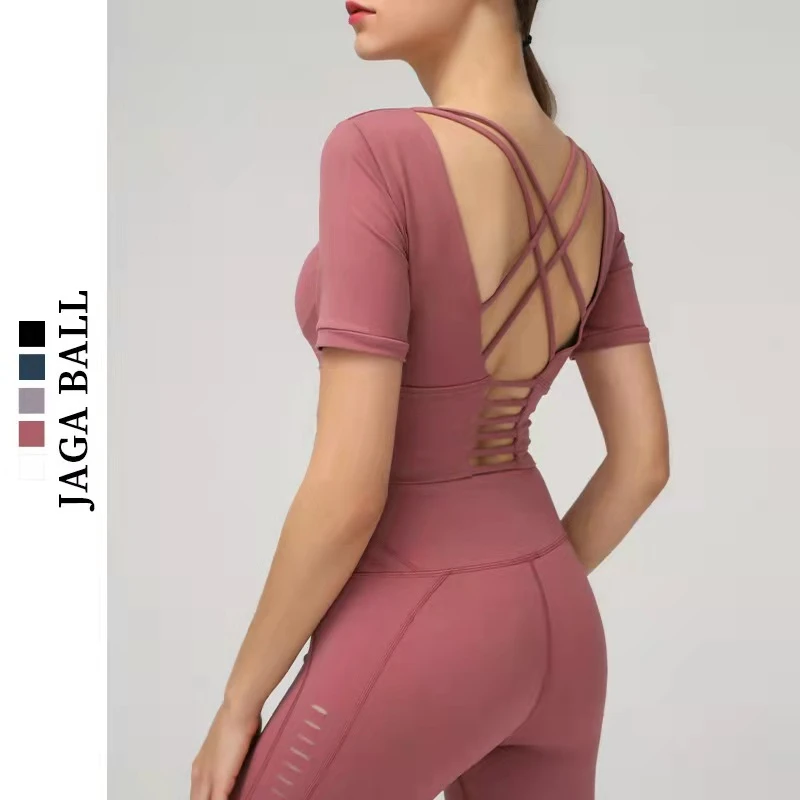 夏季美背瑜伽服上衣 新款运动健身短袖女紧身防震运动内衣bra