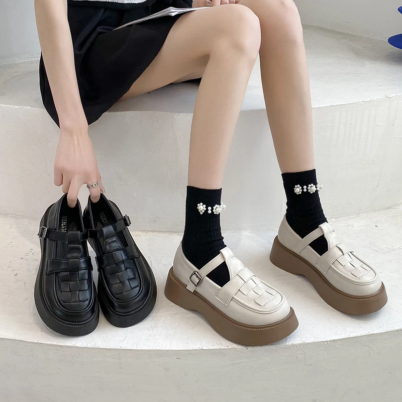 2023年新款法式小皮鞋编织夏季薄款少女风日系厚底玛丽珍凉鞋松糕
