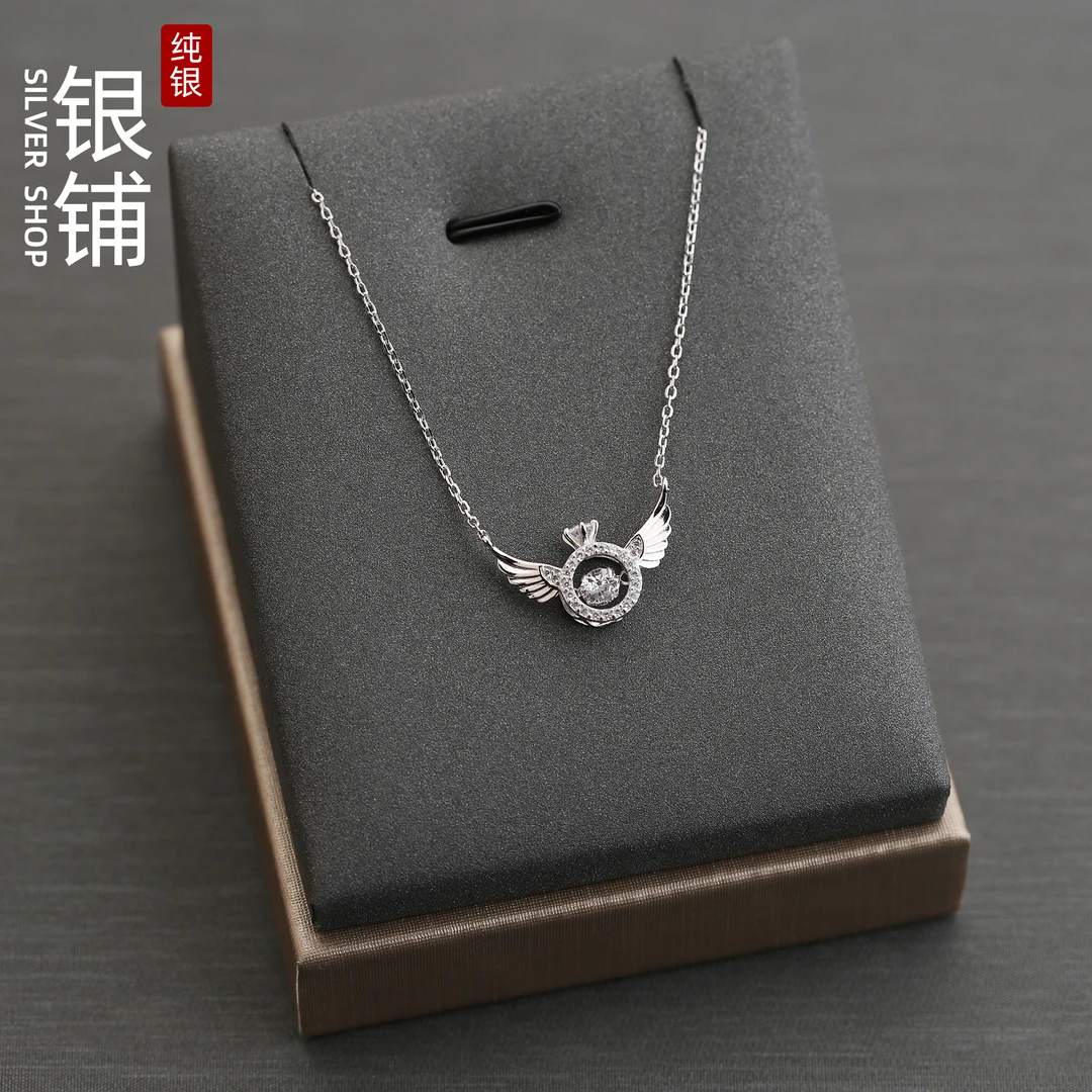 坠链均925银合成锆石 灵动纯银女翅膀跳动的心通体小众不过敏礼物