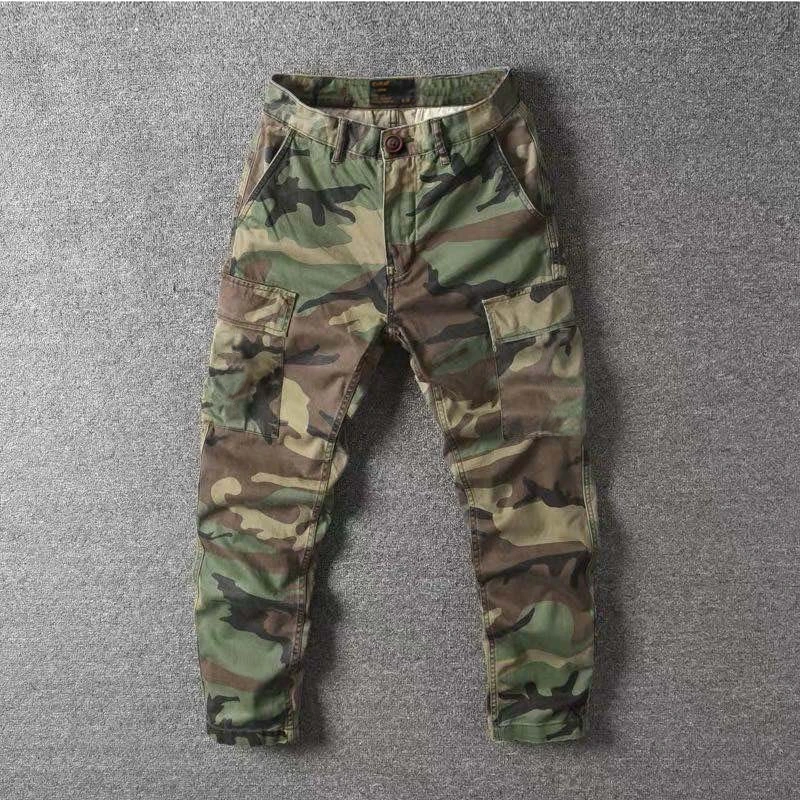 美式复古硬汉迷彩工装裤束脚咔叽多袋裤水洗休闲小直筒长裤潮