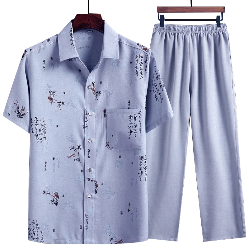 中老年男士短袖套装夏季爸爸装薄款休闲衬衫老年人宽松翻领寸衣服