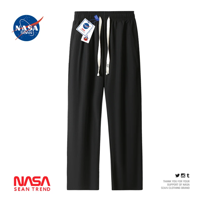 NASA潮流冰丝速干裤子男款夏季潮牌休闲阔腿垂感抽绳束脚直筒裤