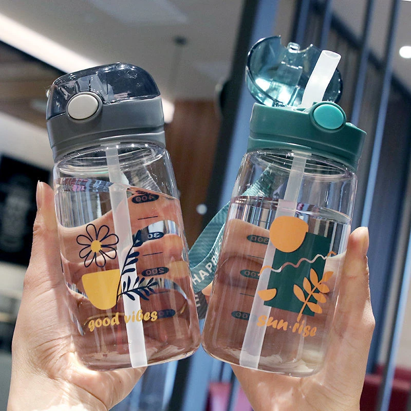 吸管杯透明带刻度提绳塑料喝水杯子夏季小学生成人孕妇杯子幼儿园