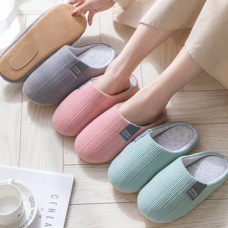 秋冬季情侣家用软底静音棉拖鞋女居家室内防滑木地板简约舒适男士