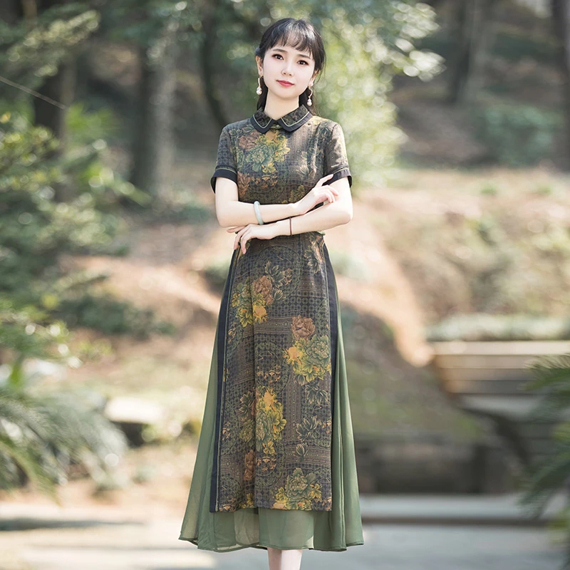 改良旗袍奥黛款连衣裙女夏收腰显瘦日常穿搭长款裙子 R970