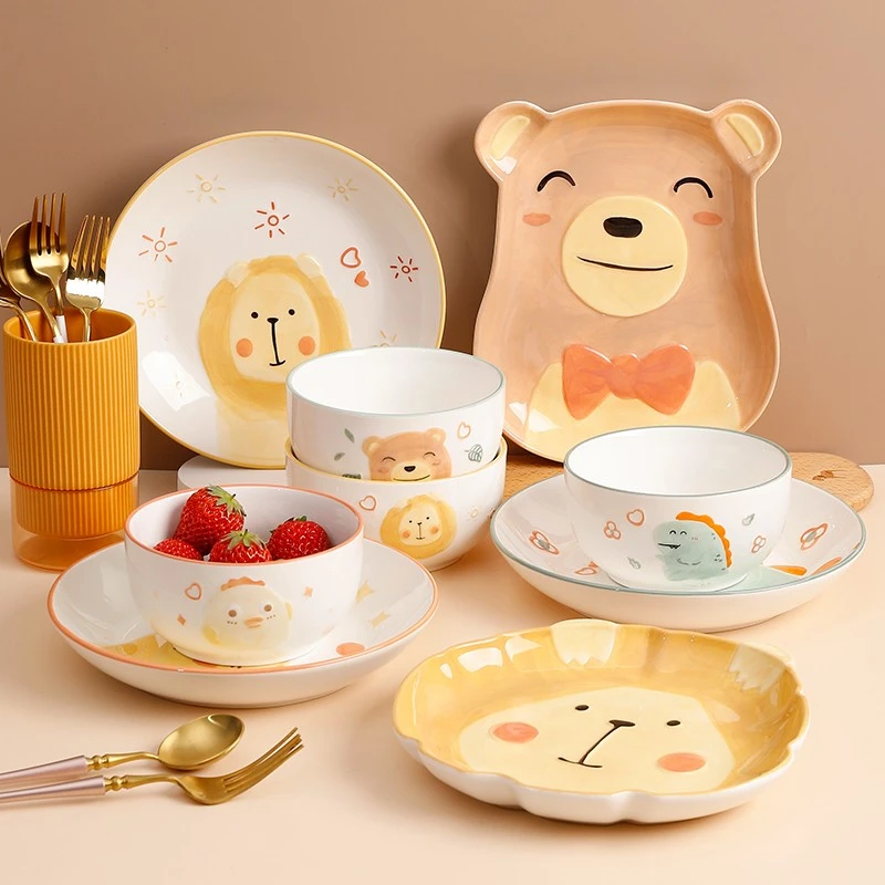 恐龙碗碟餐具套装家用儿童陶瓷个性米饭碗创意卡通可爱盘子少女心
