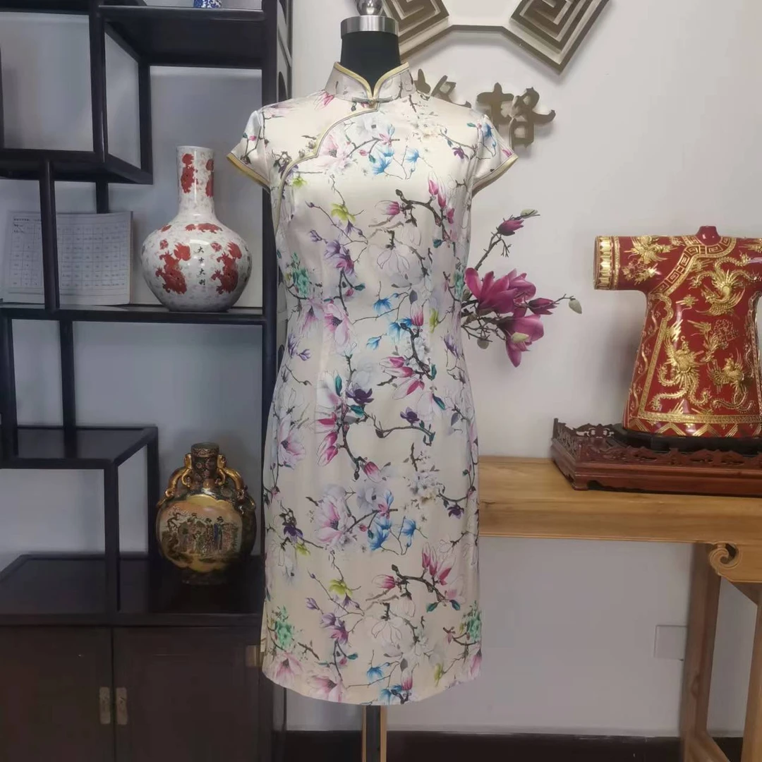 格格品牌  夏款蚕丝短袖中长旗袍  6220132155